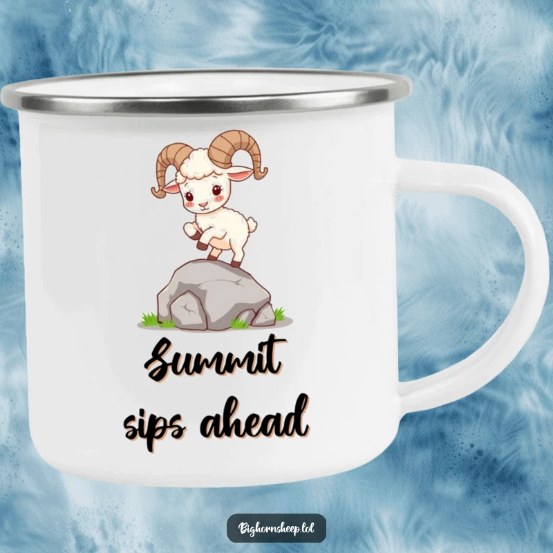 Funny Bighorn Sheep Camping Mug: Cute sheep with curly horns playfully hops on a rock, ready for campfire stories and outdoor fun.