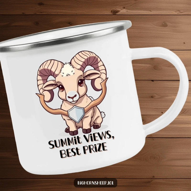 Funny bighorn sheep camping mug featuring a proud sheep displaying a shiny trophy, perfect for humorous outdoor celebrations.