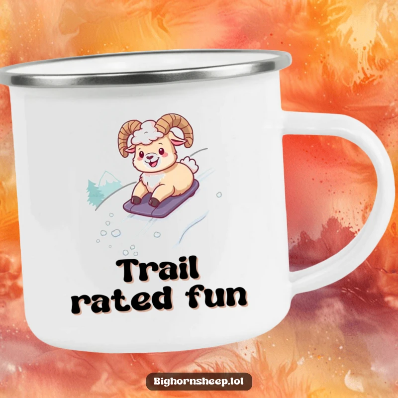 Funny camping mug with a bighorn sheep hilariously sliding down a snowy slope, ideal for enjoying beverages outdoors with a smile.