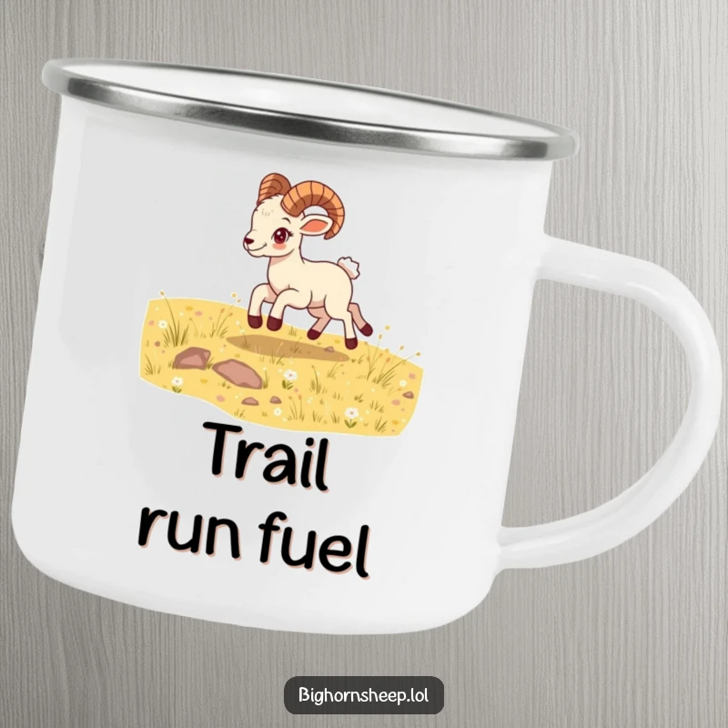 Funny bighorn sheep cub camping mug, bounding energetically across a sunny meadow, a durable and hilarious mug for adventurers.