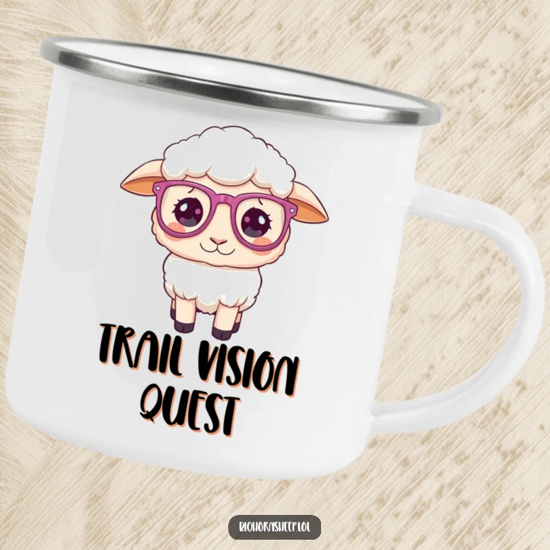 Funny Camping Mug: Sheep wearing oversized, sparkly glasses, looking playfully confused in the great outdoors.