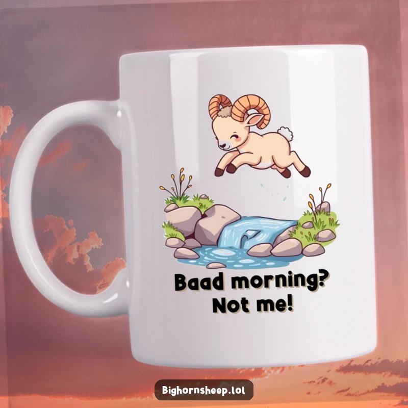 Funny bighorn sheep cub mug, joyfully leaping mid-air over a tiny stream, embodying pure, unadulterated fun and energetic glee.