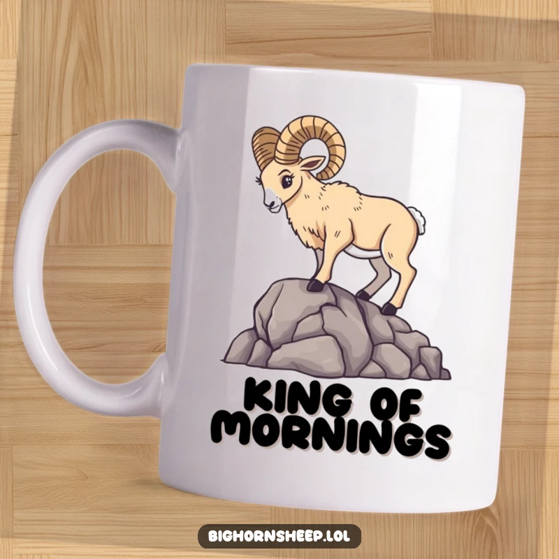 Majestic bighorn sheep striking a dramatic pose on a rocky outcrop, looking regal, on a coffee mug.