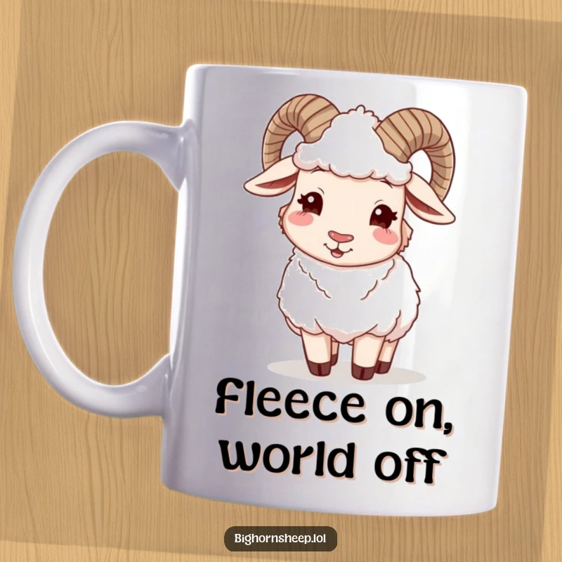 Funny Bighorn Sheep Mug: Happy sheep winking while adjusting its woolly fleece, exuding confidence and cozy style.