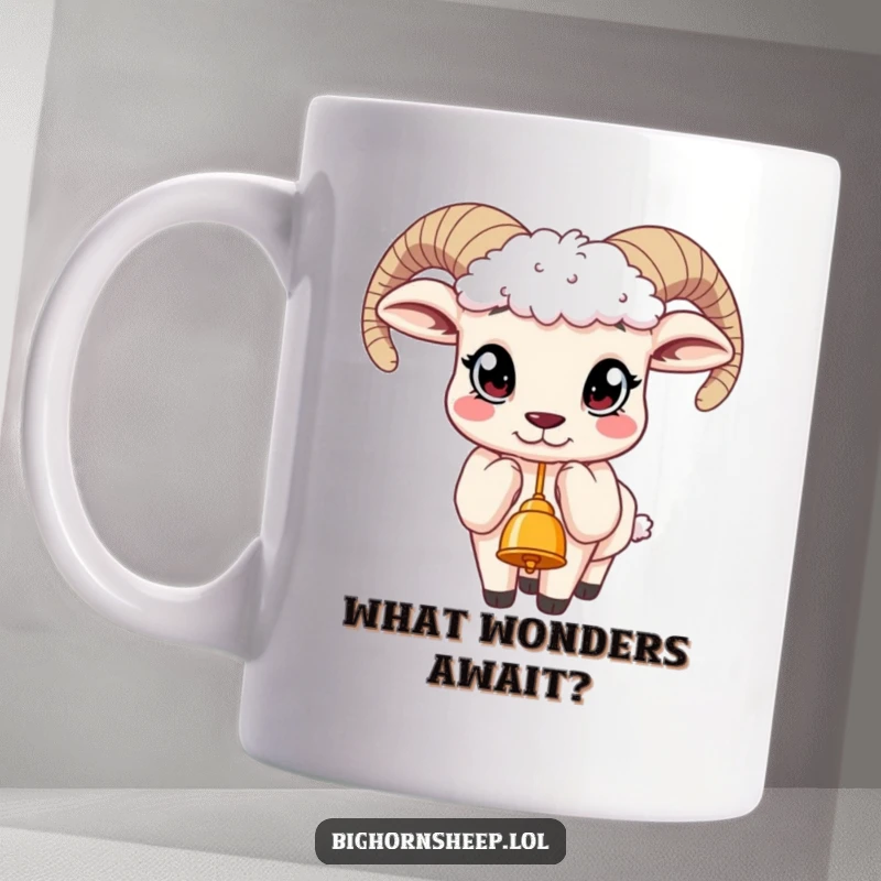 Funny mug illustrating a bighorn sheep with large, captivating curious eyes, eagerly reaching towards a dangling, shiny bell.
