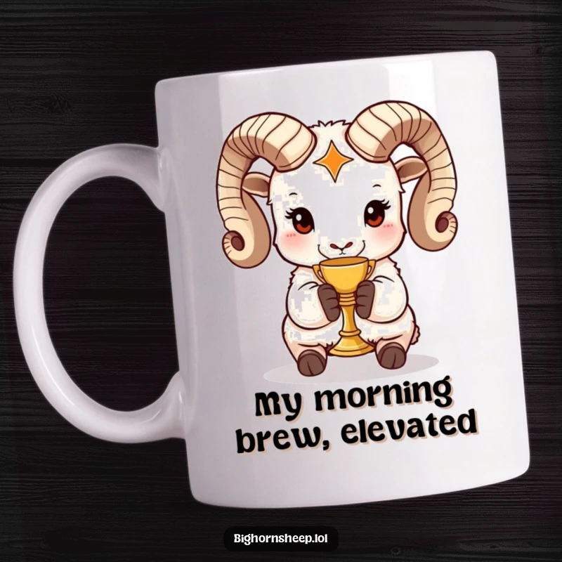 Funny bighorn sheep mug featuring a majestic sheep holding a tiny golden chalice, exuding a humorous sense of importance.