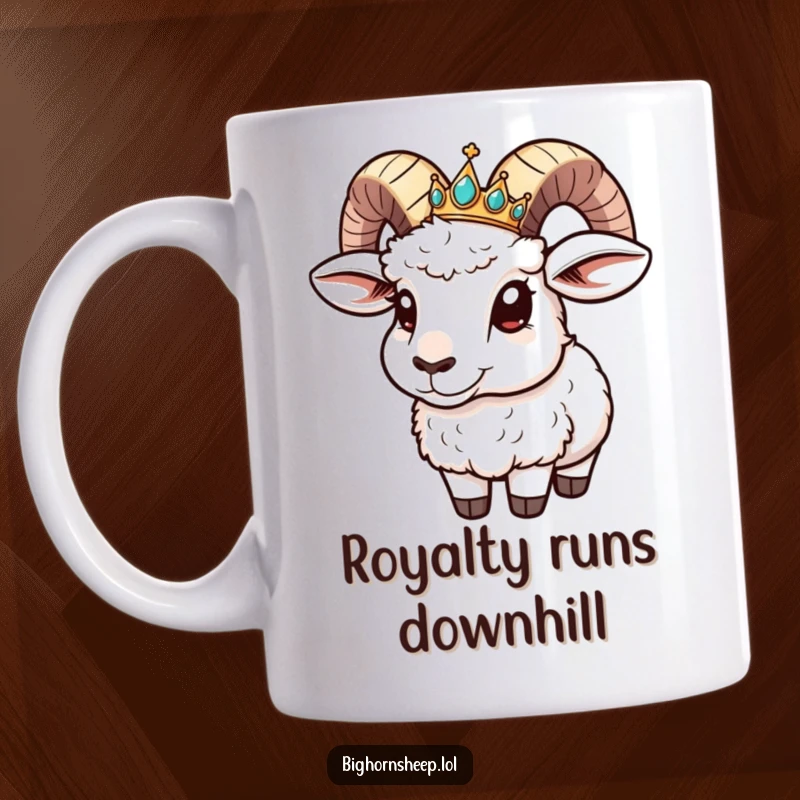 Funny Mug: Bighorn sheep with a jeweled crown sliding down its horn, looking surprised and amused.