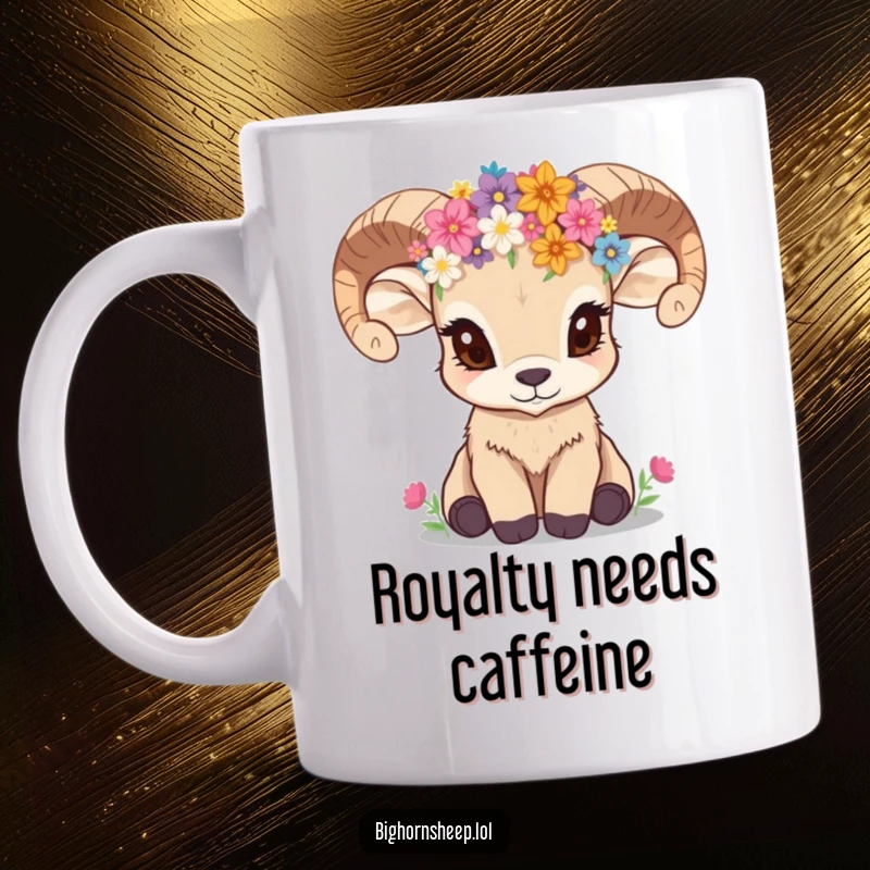 Funny bighorn sheep cub wearing a wildflower crown, looking inquisitively, perfect for a unique mug gift.