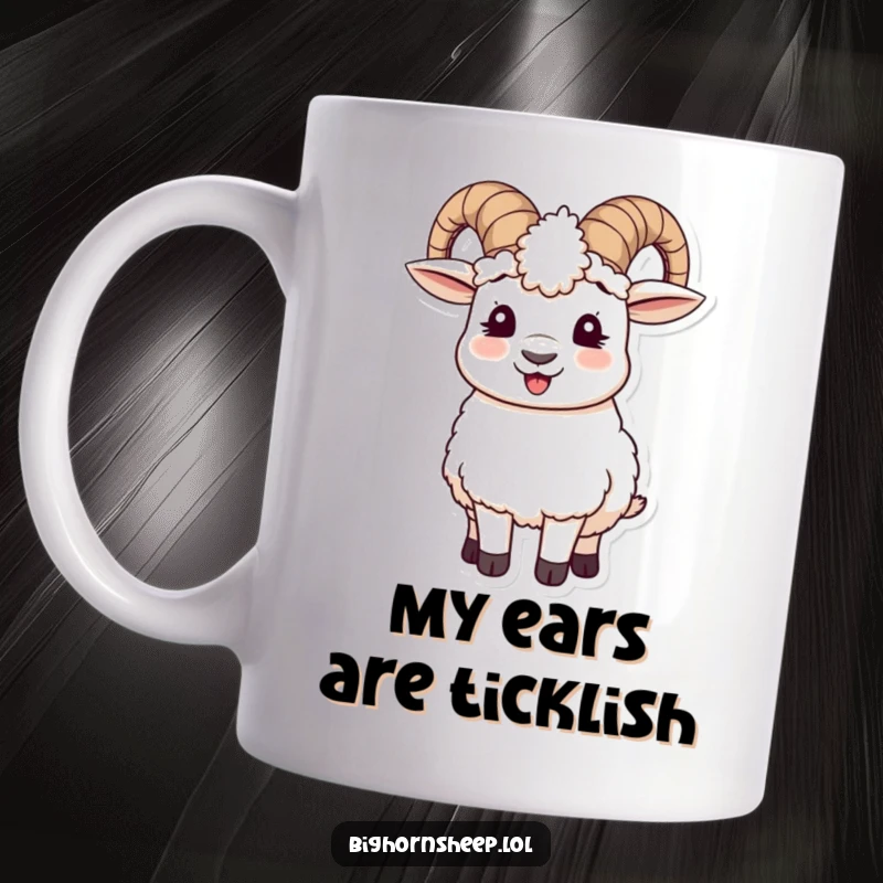 Funny mug featuring a playful bighorn sheep giggling uncontrollably while wearing cozy wooly ear muffs tilted slightly askew.