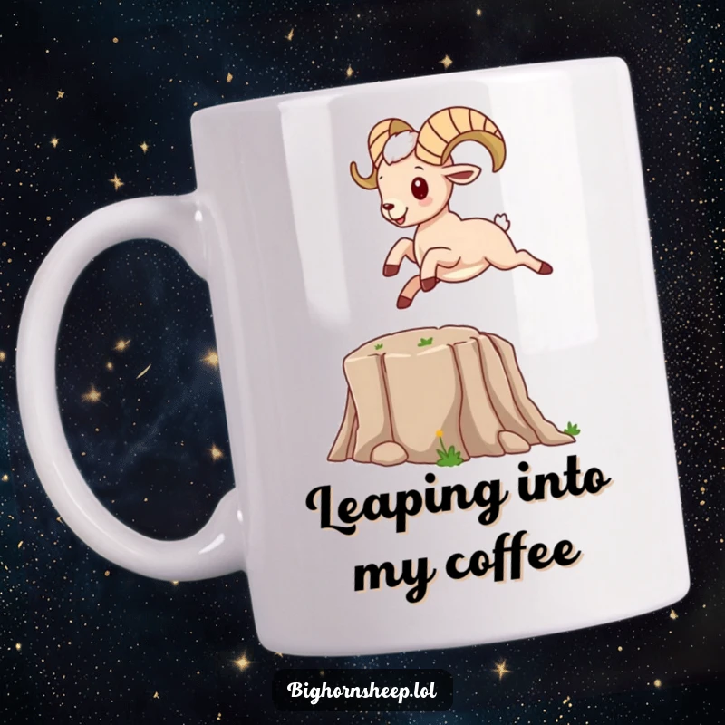 Funny bighorn sheep character leaping energetically over a cartoon canyon, on a fun mug.