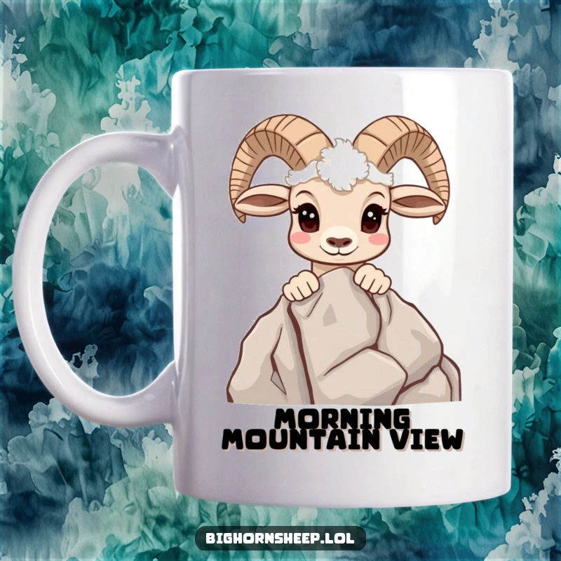 Funny mug showing a curious bighorn sheep peeking over a rocky outcrop, with an interested expression.