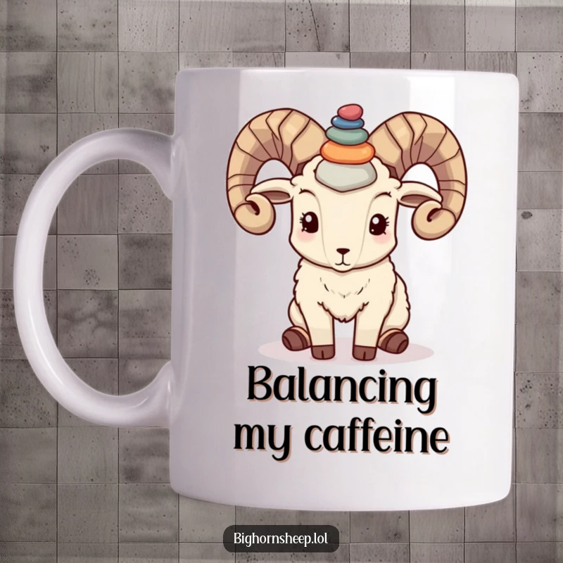 Funny bighorn sheep with a stack of colorful pebbles precariously balanced on its majestic horns, looking serene.