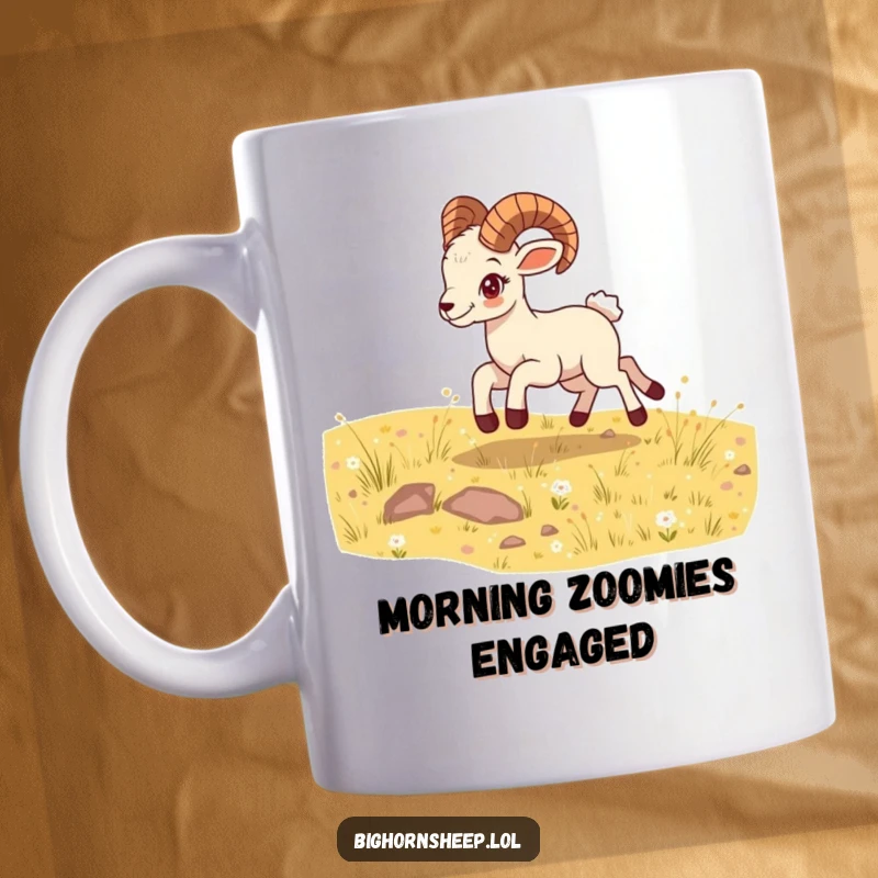 Funny bighorn sheep cub mug, bounding energetically across a sunny meadow, capturing pure joy and playful exuberance.