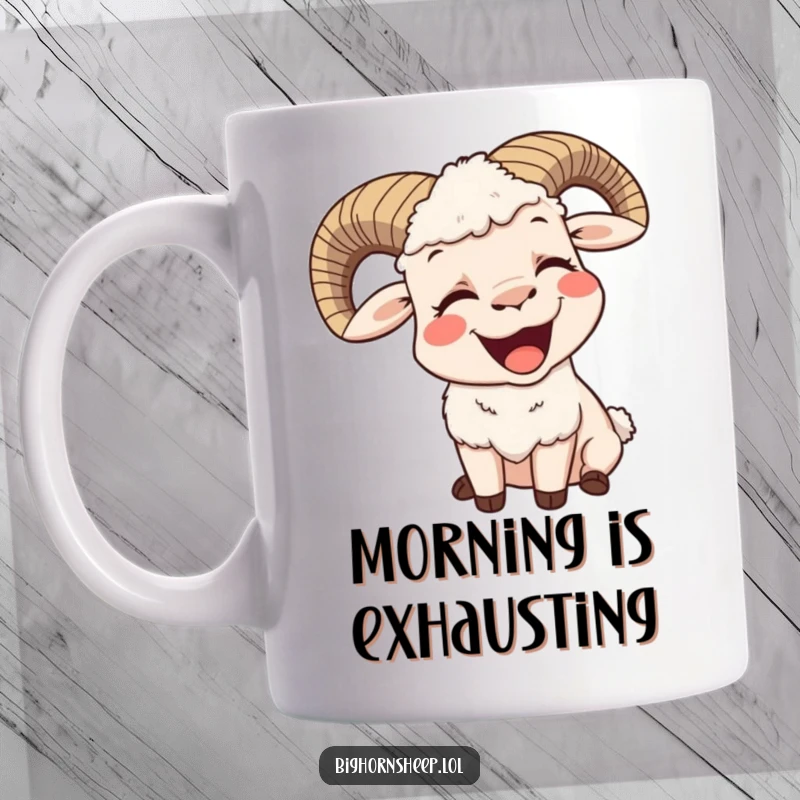 Funny mug featuring a bighorn sheep yawning with a big, contented smile, radiating pure, hilarious relaxation and happiness.