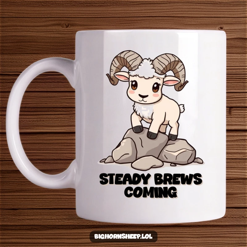 Funny Mug: Bighorn sheep with a determined expression, precariously attempting to balance a pile of rocks.