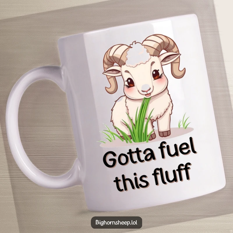 Funny happy bighorn sheep mug, contentedly chewing on a tuft of grass, embodying peaceful enjoyment and natural bliss.