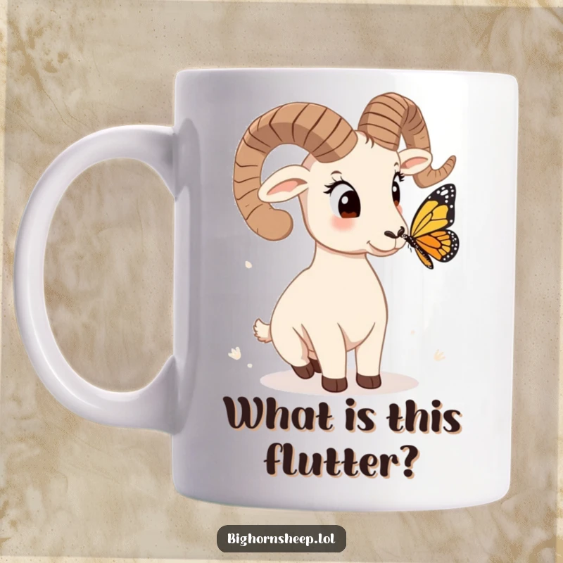 Funny bighorn sheep mug with quizzical head tilt, observing a butterfly, capturing a moment of hilarious curiosity and gentle observation.