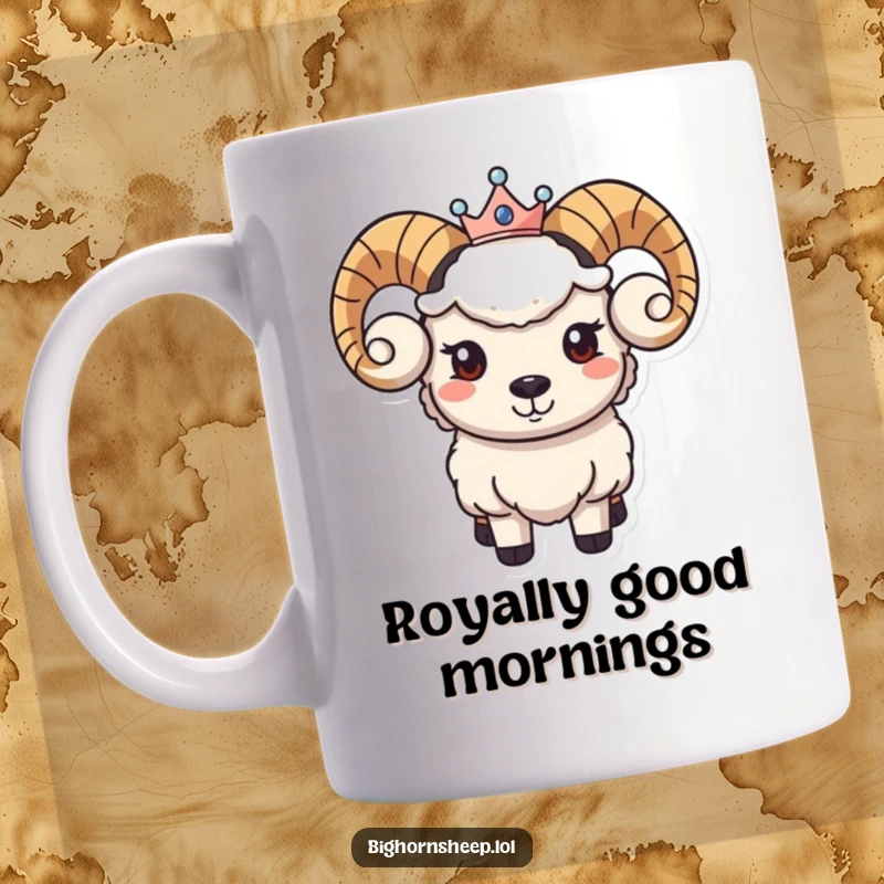 Funny mug featuring a charming bighorn sheep character with a soft, gentle smile and a tiny, elegant crown perched on its head.