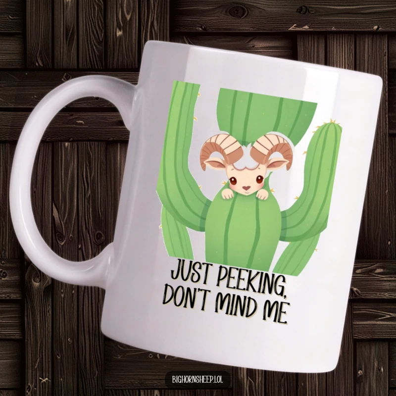 Funny shy bighorn sheep peeking from behind a cactus on a ceramic mug, showing its timid nature. A humorous desert animal design.