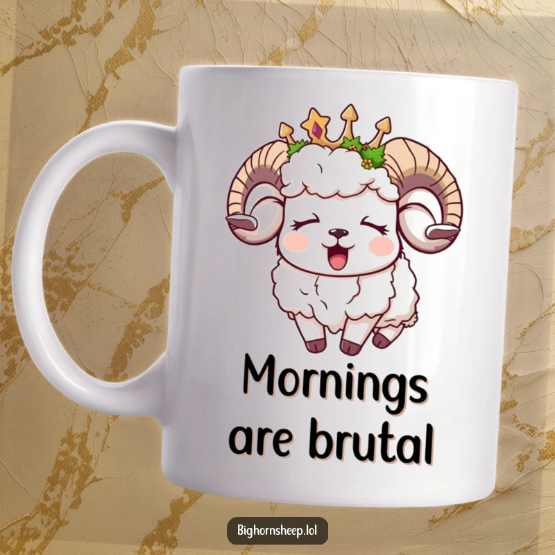 Funny sleepy bighorn sheep mug, yawning in a moss-adorned crown, embodying morning sluggishness humorously.