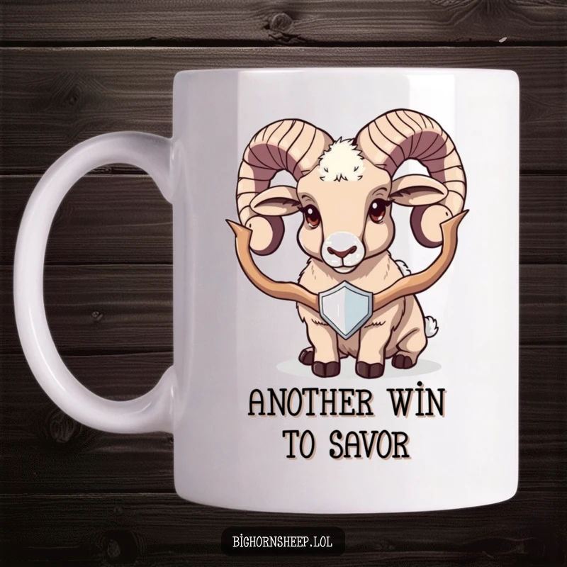 Funny bighorn sheep mug featuring a proud sheep displaying a shiny, impressive trophy, celebrating victory with humor.