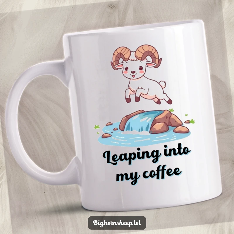 Funny happy bighorn sheep leaping energetically over a small water stream on a ceramic mug. Joyful desert animal design.