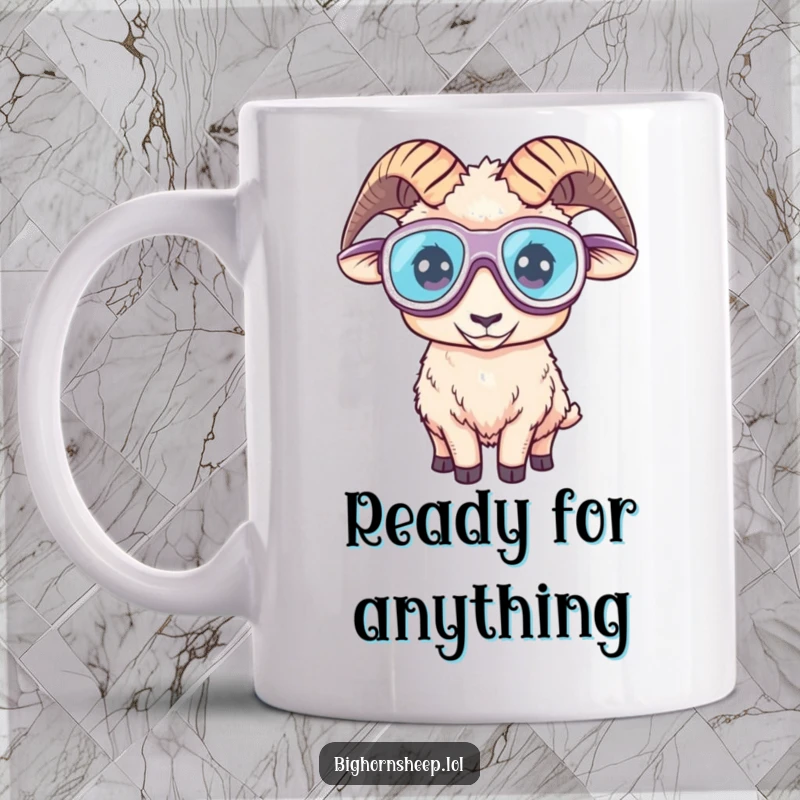 Funny mug showcasing a bighorn sheep sporting oversized goggles, appearing ready for an exciting and humorous adventure.
