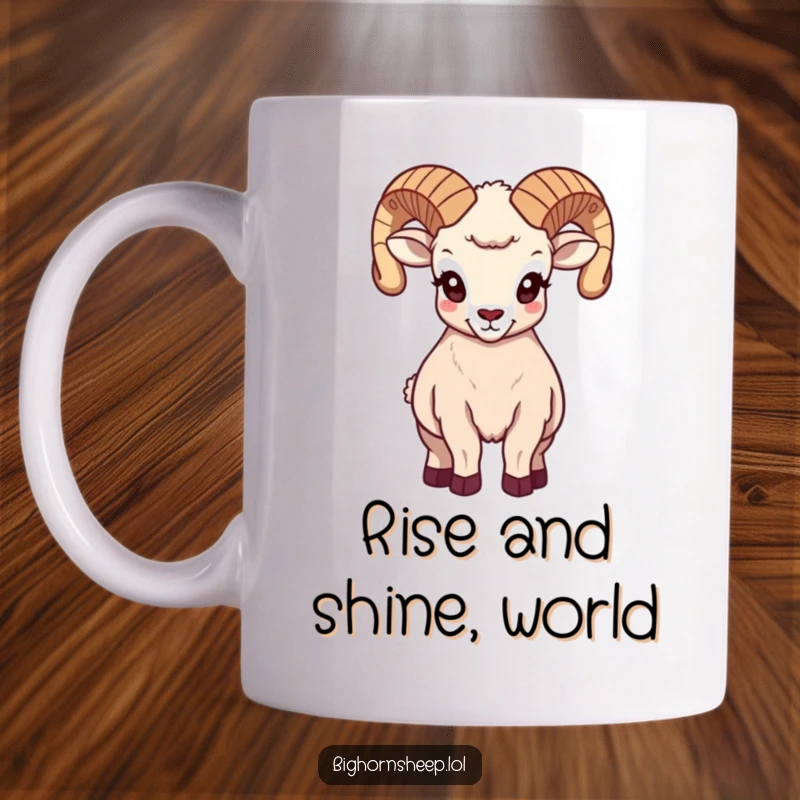 Funny majestic bighorn sheep mug, standing tall with impressive horns held high, exuding regal power and wild beauty.
