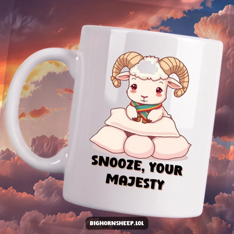 Funny Mug: Regal bighorn sheep wearing a sash, playfully buttering a pile of soft pillows.