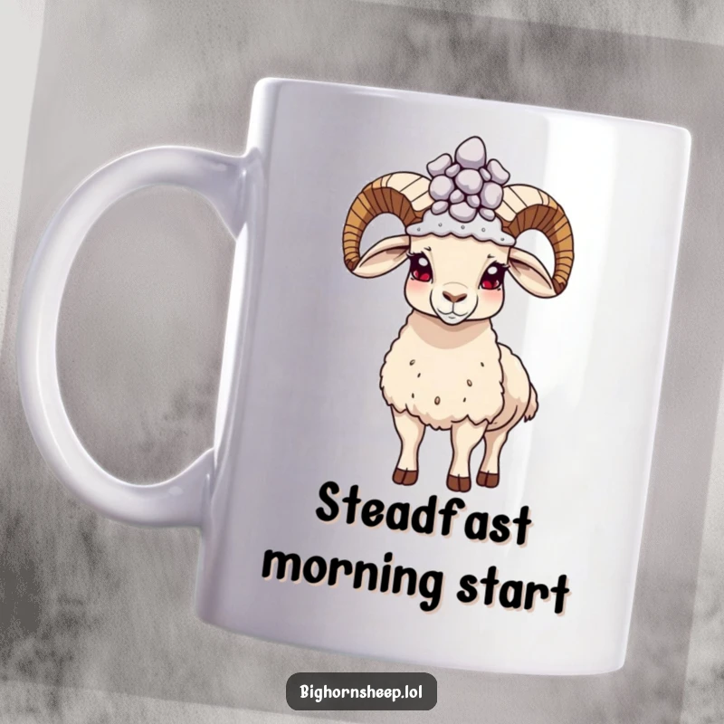 Funny proud bighorn sheep mug, standing tall with a pebble crown, exuding confidence and humor.