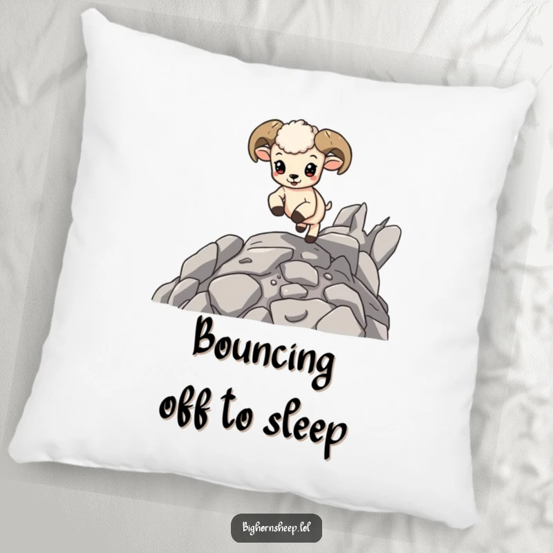 Funny Bighorn Sheep Cub Pillow: A cute baby sheep happily bouncing on rocks, offering soft, playful, and comforting home decor.