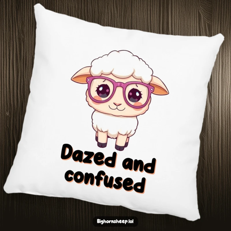 Funny Pillow: Sheep wearing oversized, sparkly glasses, looking playfully confused and slightly bewildered.