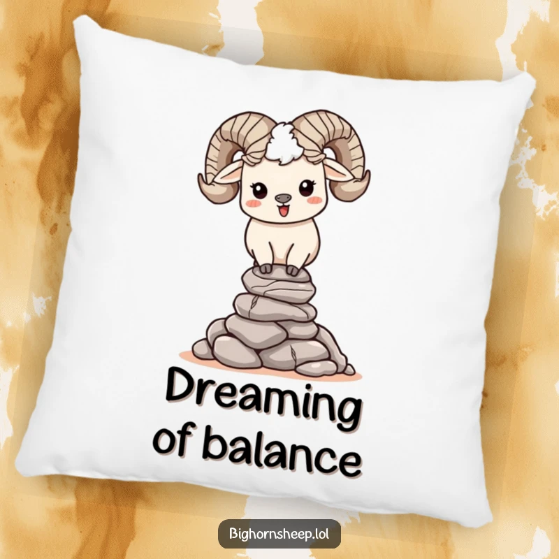Funny, happy bighorn sheep character balancing a neat stack of small rocks on a comfortable pillow, symbolizing peaceful rest.