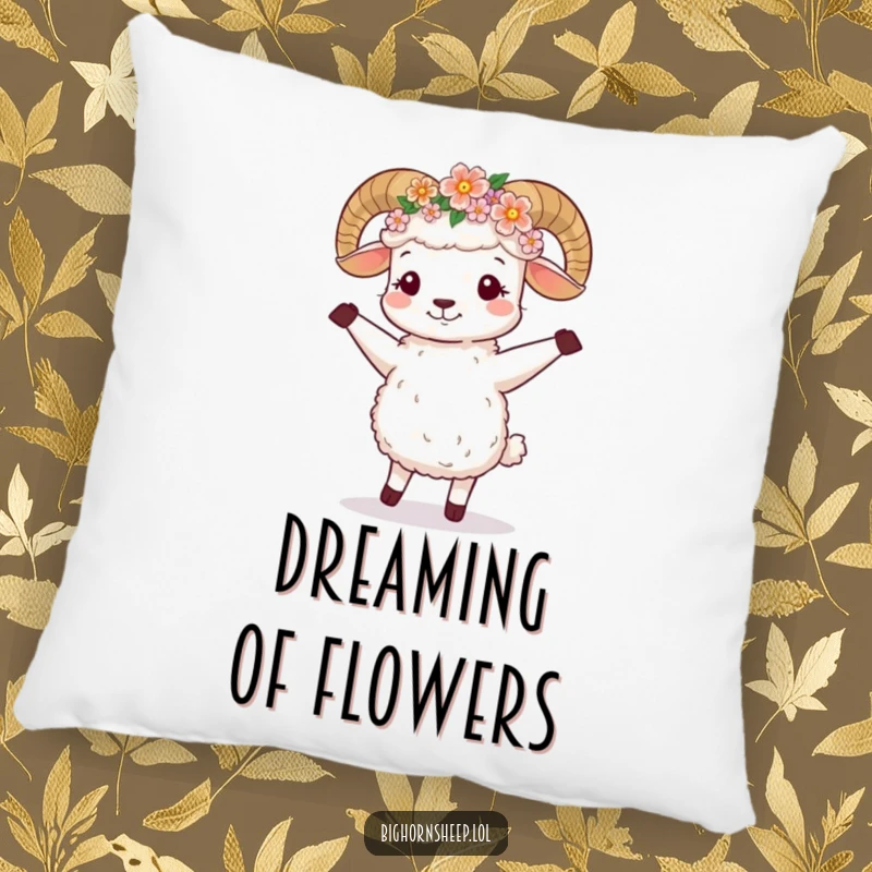 Funny Pillow: Cute bighorn sheep with a flower crown, joyfully dancing.