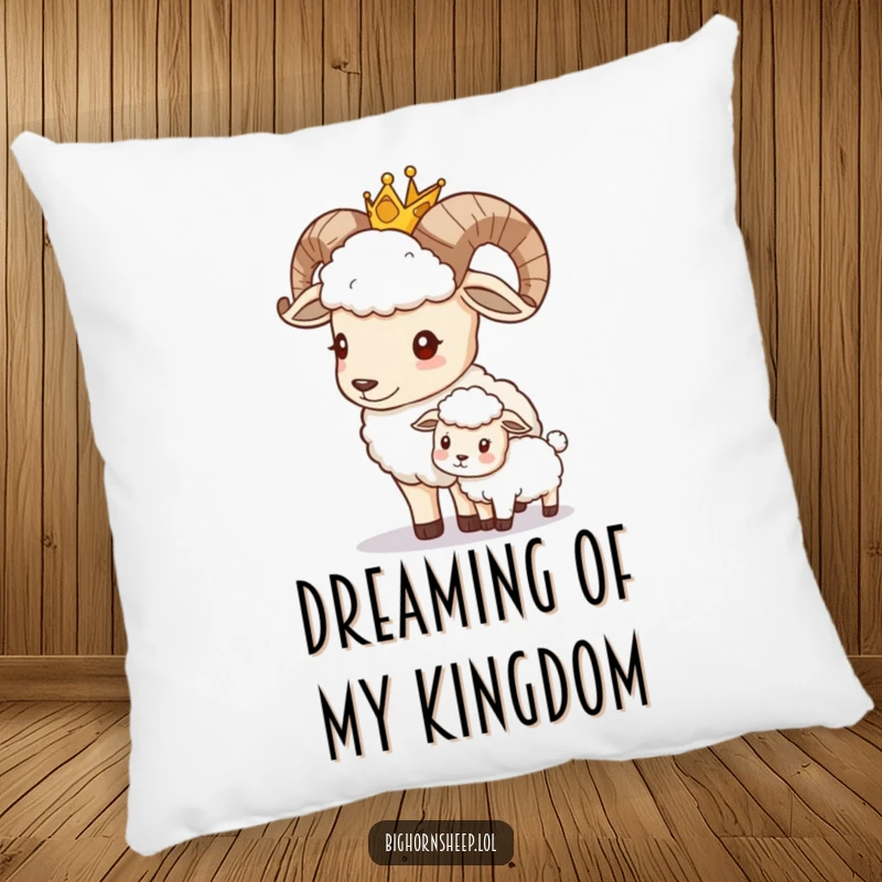 Funny crowned bighorn sheep nudging a smaller sheep, depicted on a plush and humorous pillow.