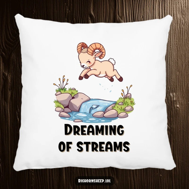 Funny bighorn sheep cub pillow, depicting the animal leaping playfully over a small stream, adding a touch of wild charm.