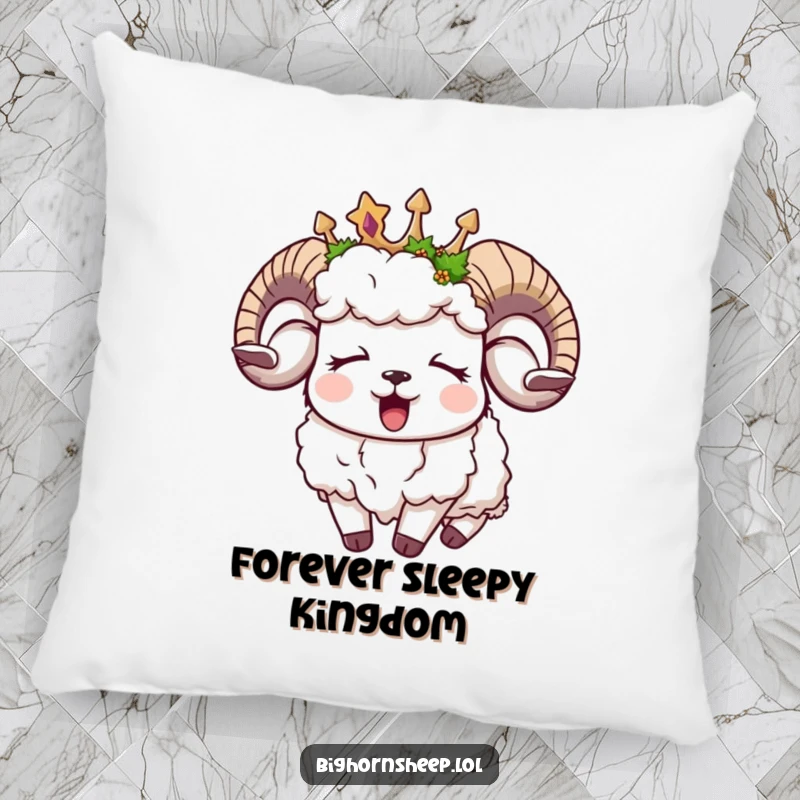 Funny sleepy bighorn sheep pillow, a yawning sheep in a moss crown, soft, cozy, and humorously tranquil.