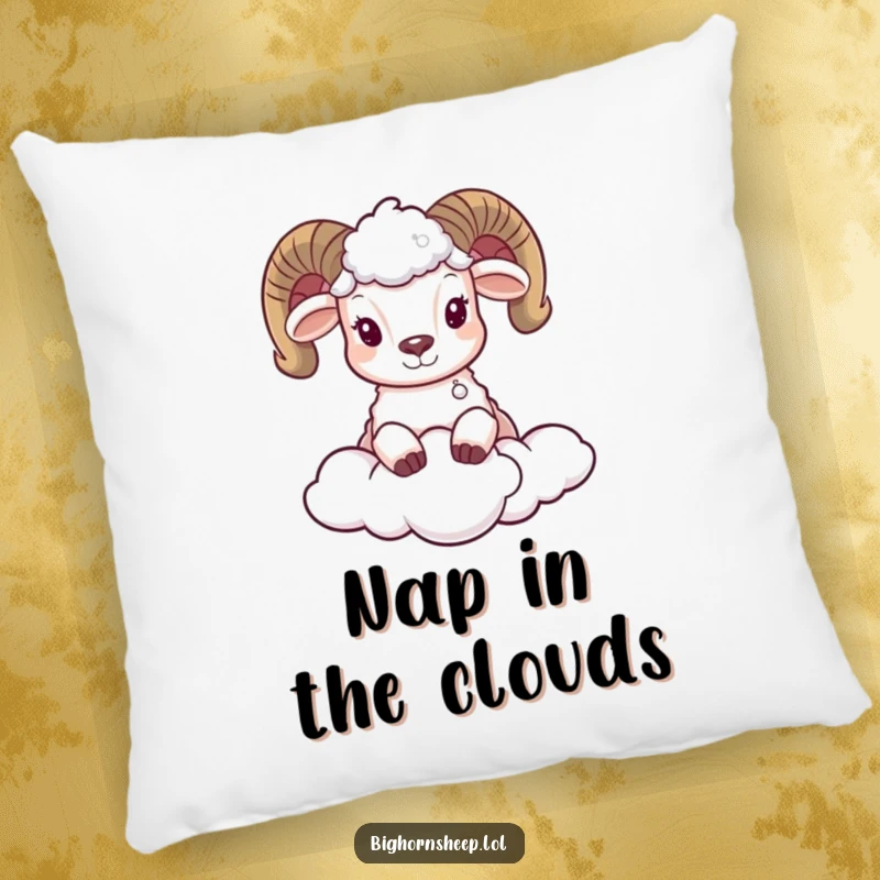 Funny pillow featuring a sweet bighorn sheep peeking from behind a fluffy cloud, offering comfort and a whimsical touch.