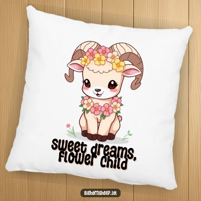 Funny bighorn sheep cub with a garland of mountain flowers bleating playfully on a comfortable pillow, adding sweet charm.