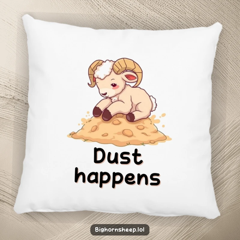 Funny bighorn sheep cub pillow, happily rolling in dust, a soft and humorous decorative item for sofas and beds.