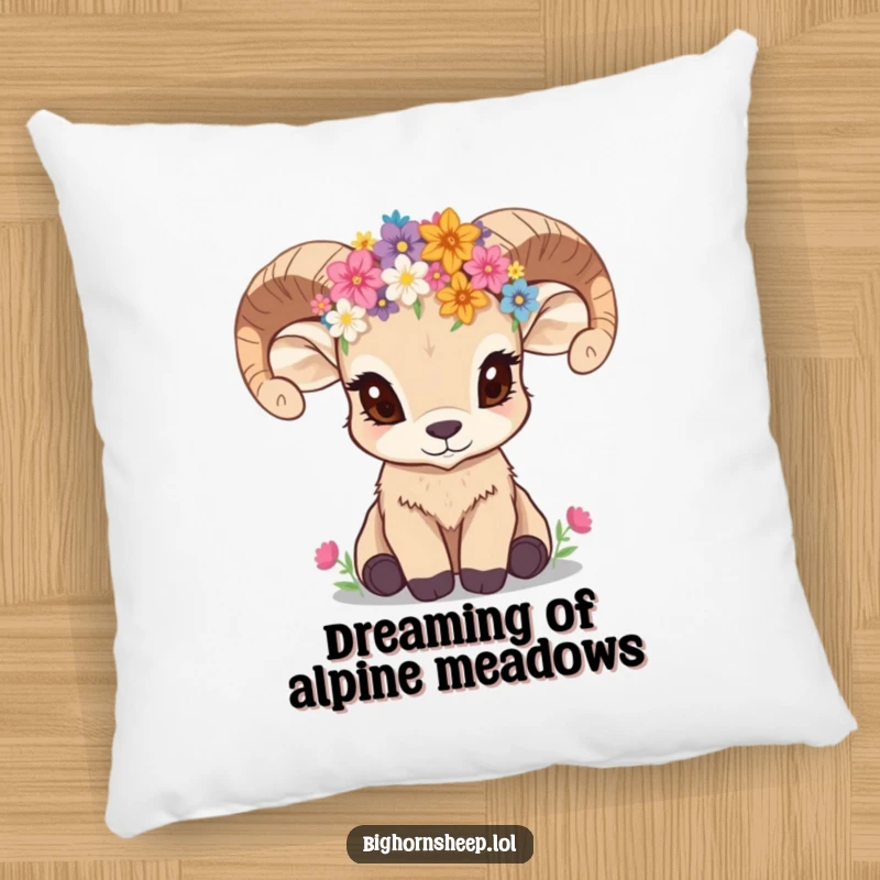 Funny bighorn sheep cub with a wildflower crown, looking inquisitive, on a soft decorative pillow.