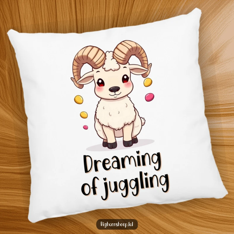 Funny bighorn sheep artistically juggling pebbles on its horns, a plush and humorous pillow for cozy spaces.