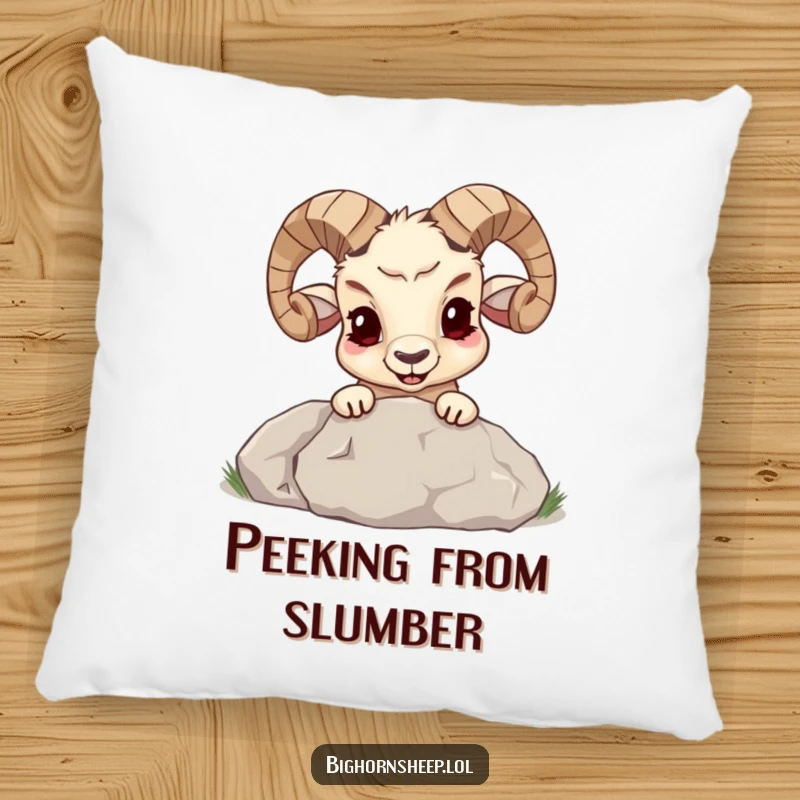 Funny bighorn sheep with a mischievous grin peeking from behind a large boulder on a comfortable pillow, adding playful charm.