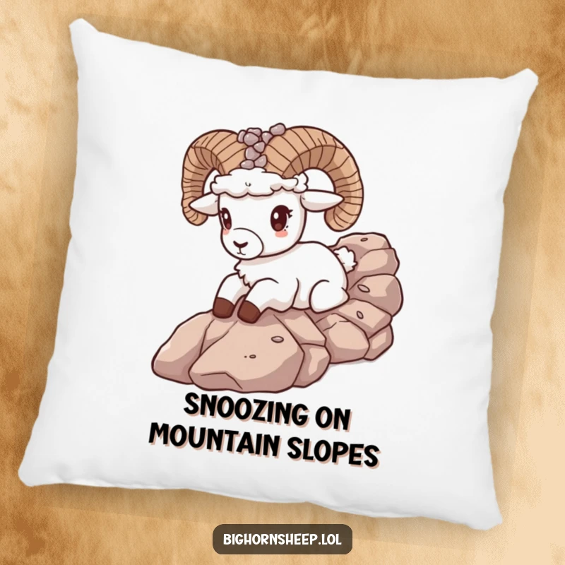 Funny bighorn sheep wearing a pebble crown sliding down a rocky slope, displayed on a comfy pillow for a touch of humor.