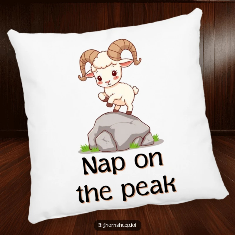 Funny Bighorn Sheep Pillow: Soft cushion featuring a cute sheep with curly horns playfully hopping on a rock, offering comfort and humor.