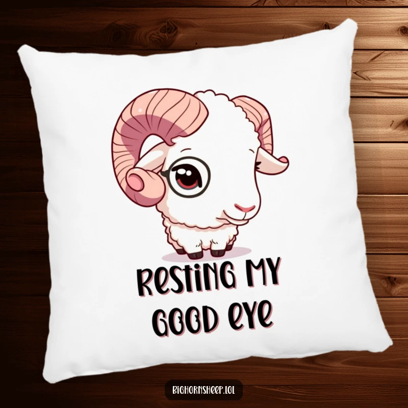 Funny bighorn sheep winking and adjusting its monocle, a plush and humorous pillow for cozy, stylish spaces.