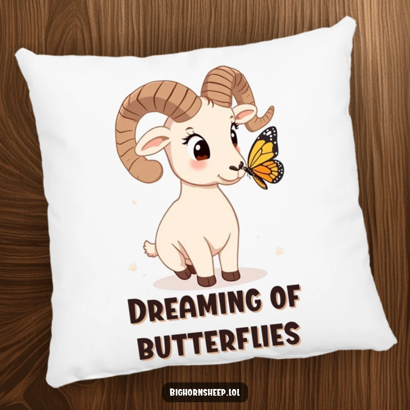 Funny bighorn sheep pillow, head tilted curiously at a butterfly, a soft and humorous decorative item for cozy contemplation.
