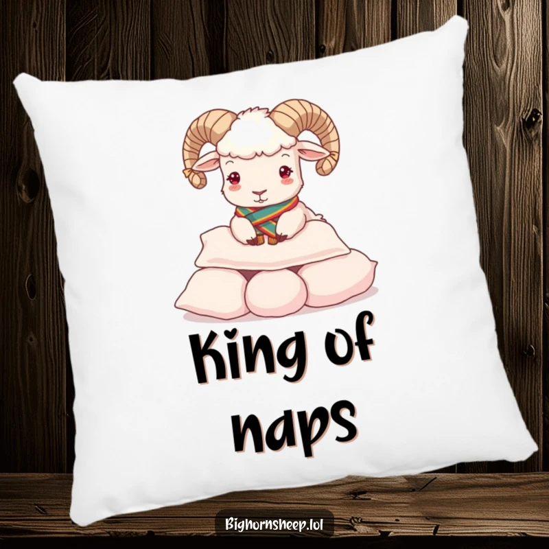 Funny Pillow: Regal bighorn sheep wearing a sash, hilariously buttering a pile of soft pillows.