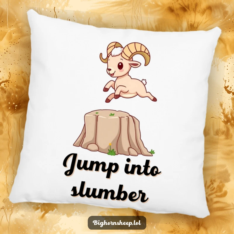 Funny bighorn sheep character leaping over a cartoon canyon, on a soft, decorative pillow.