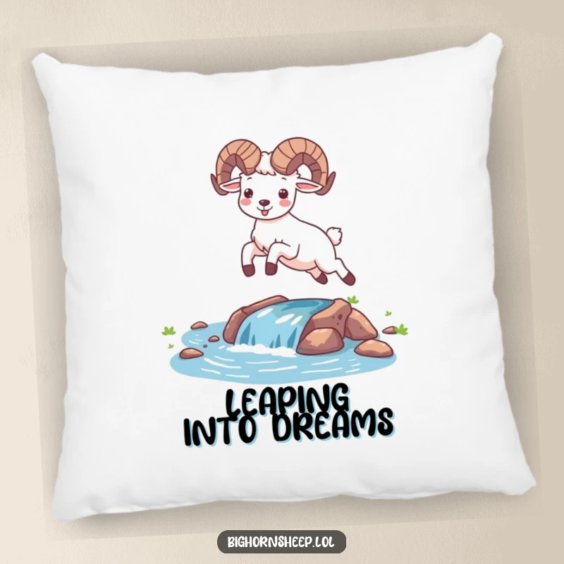 Funny happy bighorn sheep leaping over a stream on a soft decorative pillow. Joyful and humorous desert animal accent.